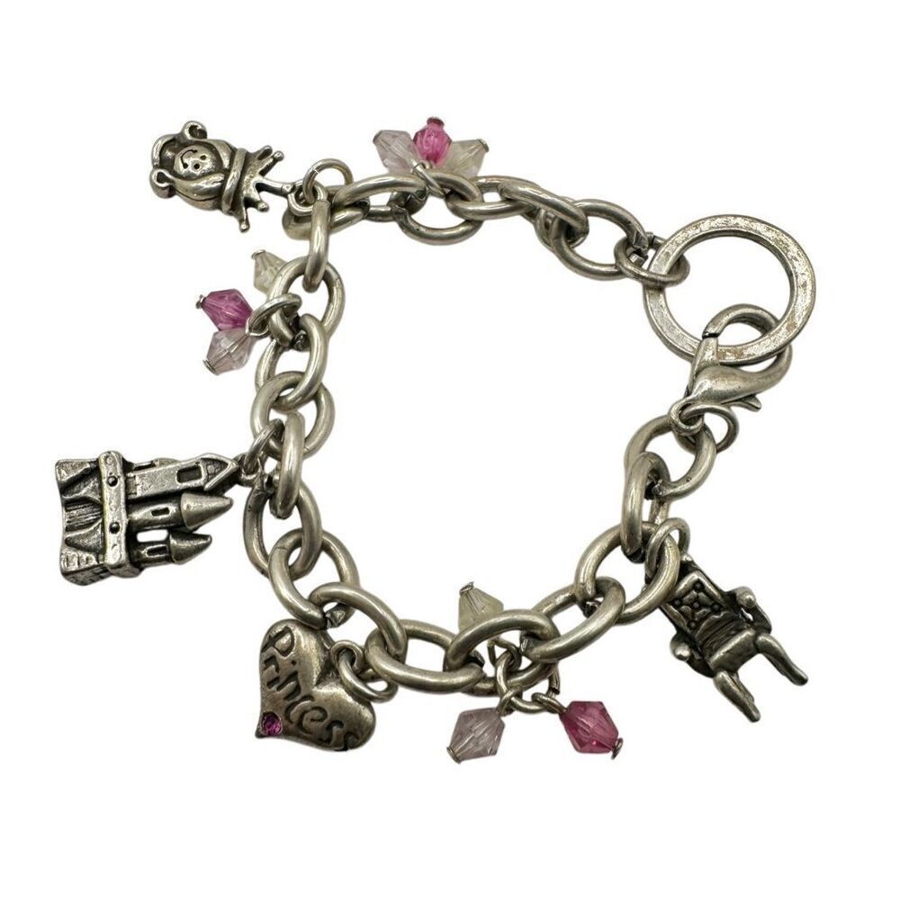 Princess Charm Bracelet Silver Pink Crystal castle  Chair heart princess